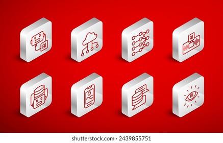 Set line Artificial intelligence AI, Network cloud connection, Neural network, Server, Data, robot, Mobile phone and  icon. Vector