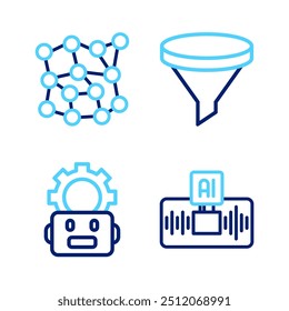 Definir a linha Inteligência artificial AI, Configuração de robô, Funil ou filtro e ícone de rede neural. Vetor