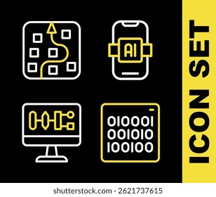 Set line Artificial intelligence AI, Binary code, Algorithm and Neural network icon. Vector