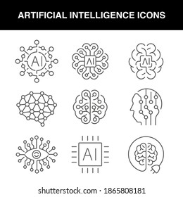 Un conjunto de iconos de inteligencia artificial de línea con trazo editable sobre fondo blanco.