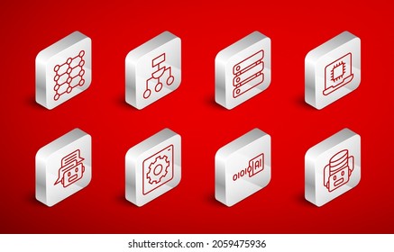 Set line Artificial intelligence robot, Algorithm, Server, Data, Processor CPU, Binary code, Neural network, Computer api interface and Chat icon. Vector