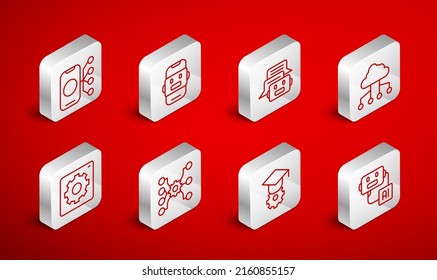 Set line Artificial intelligence robot, Chat, Network cloud connection, Graduation cap, Neural network,  and Computer api interface icon. Vector