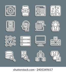 Set line Artificial intelligence robot, AI, Robot setting, Computer api interface, Humanoid,  and Server, Data icon. Vector
