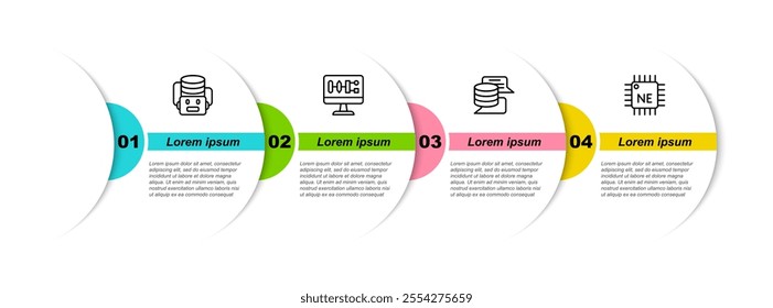 Set line Artificial intelligence robot, Algorithm, Server, Data and Processor CPU. Business infographic template. Vector