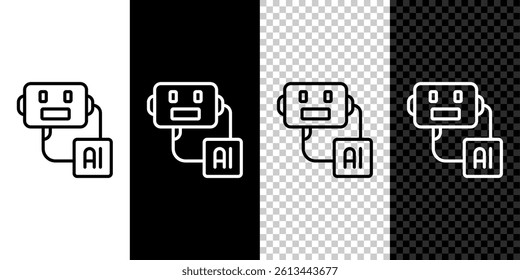 Set line Artificial intelligence robot icon isolated on black and white, transparent background. Machine learning, cloud computing. Vector