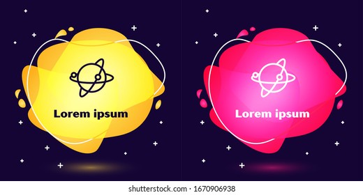 Set line Artificial satellites orbiting the planet Earth in outer space icon isolated on blue background. Communication, navigation concept. Abstract banner with liquid shapes. Vector Illustration