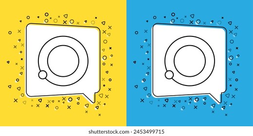 Set line Artificial satellites orbiting the planet Earth in outer space icon isolated on yellow and blue background. Communication, navigation concept.  Vector Illustration