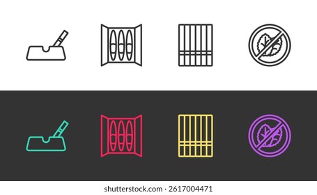 Set line Ashtray with cigarette, Cigar, Cigarette and No tobacco leaf on black and white. Vector