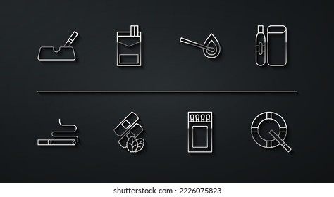 Set line Ashtray with cigarette, Cigarette, Electronic, Matchbox and matches, Medical nicotine patches, Cigarettes pack,  and Burning fire icon. Vector