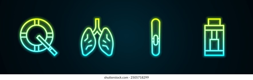 Set line Aschenbecher mit Zigarette, Lunge, Zigarre und Vape mod Gerät. Leuchtendes Neonsymbol. Vektorgrafik