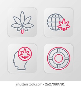 Set line Cenicero, Cabeza con marihuana o cannabis, Globo legalizado e icono de hoja de marihuana. Vector
