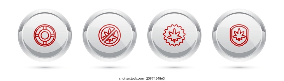 Set line Ashtray, Stop marijuana or cannabis leaf, Marijuana and Shield and. Silver circle button. Vector