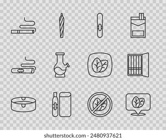 Set line Cenicero, hoja de tabaco, cigarro, cigarrillo Electrónica, cigarrillo, Bong, sin tabaco y el icono de la caja. Vector