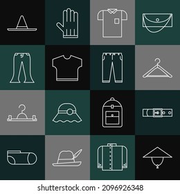 Set line Asian conical hat, Leather belt, Hanger wardrobe, shirt, T-shirt, Pants, Gardener worker and  icon. Vector