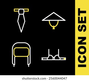 Set line Asian conical hat, Bra, Winter with ear flaps and Tie icon. Vector