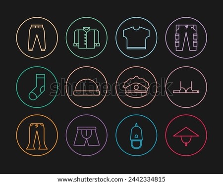 Set line Asian conical hat, Bra, T-shirt, Beanie, Socks, Sport pants, Police cap with cockade and  icon. Vector