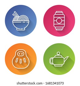 Set line Asian noodles in bowl and chopsticks, Japanese paper lantern, Maneki neko cat and Japanese tea ceremony. Color circle button. Vector