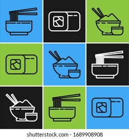 Set line Asian noodles in bowl and chopsticks, Rice in a bowl with chopstick and Sushi icon. Vector