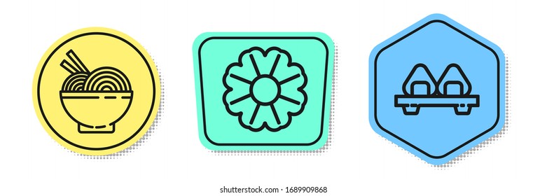 Set line Asian noodles in bowl and chopsticks, Flower and Sushi on cutting board. Colored shapes. Vector