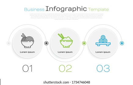 Set line Asian noodles in bowl and chopsticks, Rice in a bowl with chopstick and Sushi on cutting board. Business infographic template. Vector