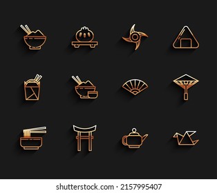 Set line Asian noodles in bowl and chopsticks, Japan Gate, Rice with, Japanese tea ceremony, Origami bird, umbrella from the sun and Paper chinese or japanese folding fan icon. Vector