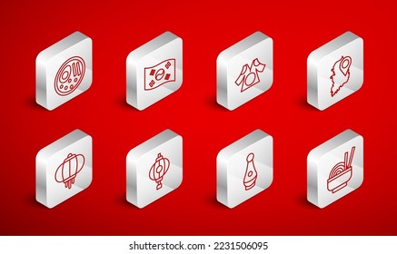 Set line Asian noodles in bowl, South Korea flag, Kimono, map, Soju bottle, Ramen, Korean lantern and  icon. Vector