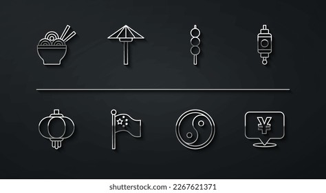 Set line Asian noodles in bowl, Chinese paper lantern, Yin Yang, China flag on flagpole, Japanese umbrella from the sun, Yuan currency and Meatballs wooden stick icon. Vector