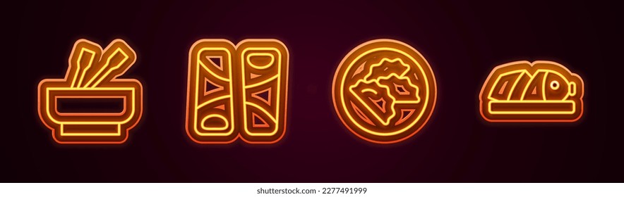 Set line Asian noodles in bowl, Guotie, Dumpling and Fish with sliced pieces. Glowing neon icon. Vector