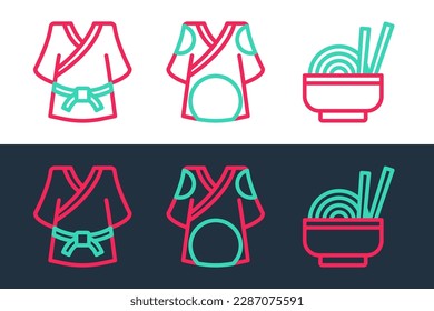 Set line Asian noodles in bowl, Kimono and  icon. Vector