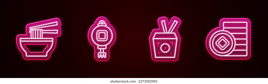Set line Asian noodles in bowl, Chinese paper lantern, Noodles box and chopsticks and Yuan currency. Glowing neon icon. Vector