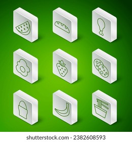 Set line Asian noodles in bowl, Banana, Watermelon, Strawberry, Scrambled egg, Bread loaf, Chicken stand and Cookie with chocolate icon. Vector