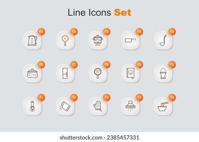 Set line Asian noodles in bowl, Kitchen extractor fan, Oven glove, Packet of pepper, Pizza knife, Chicken egg on stand, Cookbook and Fried eggs frying pan icon. Vector