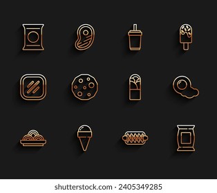 Set line Asian noodles in bowl, Ice cream waffle cone, Bag or packet potato chips, Hotdog sandwich, Cookie biscuit, Scrambled eggs and Doner kebab icon. Vector