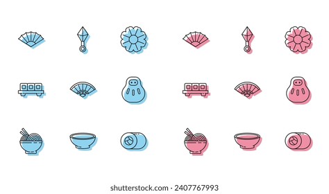 Set line Asian noodles in bowl and chopsticks, Bowl of hot soup, Paper chinese or japanese folding fan, Sushi, Maneki neko cat, on cutting board and Japanese ninja shuriken icon. Vector
