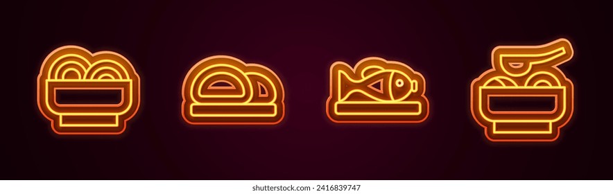 Set line Asian noodles in bowl, Sushi, Served fish on plate and Ramen soup. Glowing neon icon. Vector