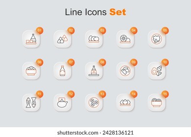 Set line Asian noodles in bowl, Dumpling, Wonton, Traditional tea ceremony, Served fish plate, Chicken egg with vegerables,  and Bottle of sake icon. Vector