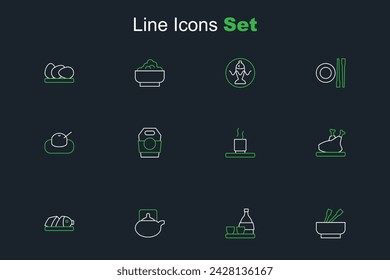 Set line Asian noodles in bowl, Bottle of sake, Traditional tea ceremony, Fish with sliced pieces, Roasted turkey or chicken, Cup, paper box and Mochi icon. Vector