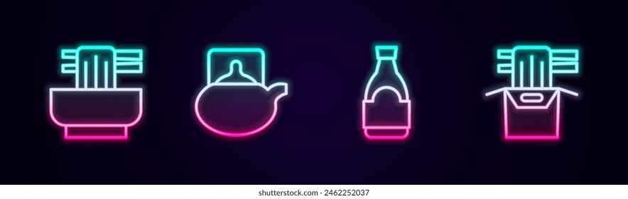 Set line Asian noodles in bowl, Traditional tea ceremony, Soy sauce bottle and paper box. Glowing neon icon. Vector