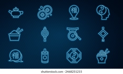 Set line Asian noodles in bowl, Chinese paper lantern, New Year, ice with chopstick, tea ceremony, Gong musical instrument and Yuan currency icon. Vector