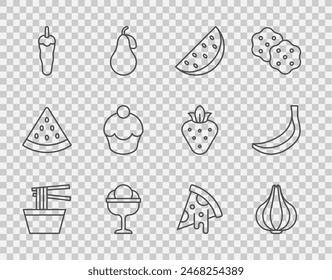 Set line Asian noodles in bowl, Garlic, Watermelon, Ice cream the, Hot chili pepper, Muffin, Slice of pizza and Banana icon. Vector