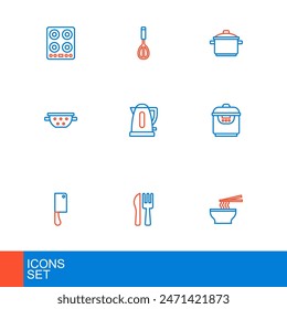 Set line Asian noodles in bowl, Crossed knife and fork, Meat chopper, Slow cooker, Kitchen colander, Electric kettle, Cooking pot and whisk icon. Vector