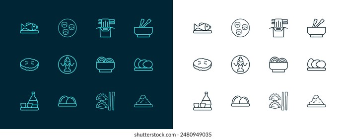 Set line Asian noodles in bowl, Sushi, Dumpling with chopsticks, Served fish on plate, paper box,  and  icon. Vector