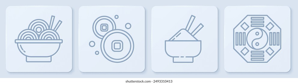 Set line Asian noodles in bowl, Rice in a bowl with chopstick, Chinese Yuan currency and Yin Yang. White square button. Vector