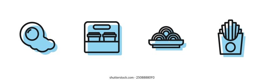 Set line Asian noodles in bowl, Scrambled eggs, Coffee cup to go and Potatoes french fries box icon. Vector