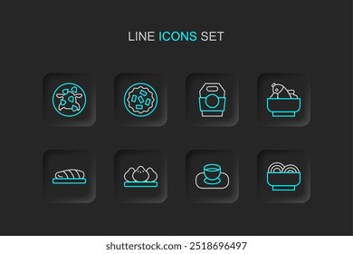 Set line Asian noodles in bowl, Soy sauce, Dumpling, Fish steak, Rice with fish, paper box, Homemade pie and Kung Pao chicken icon. Vector