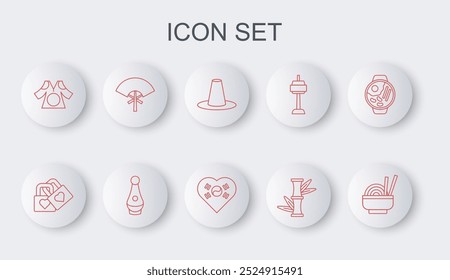 Set line Asian noodles in bowl, Lock with heart, Korean hat, Bamboo, Kimono, Traditional fan, Soju bottle and Love icon. Vector