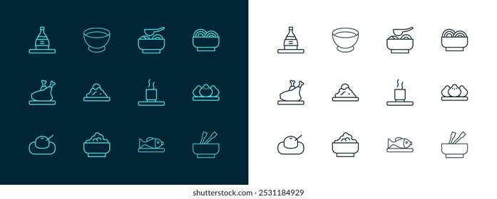 Set line Asian noodles in bowl, Rice, Cup of tea, Served fish on plate, Ramen soup, Bottle sake and Soy sauce icon. Vector