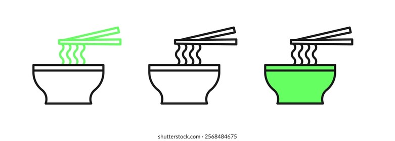 Set line Asian noodles in bowl and chopsticks icon isolated on white background. Street fast food. Korean, Japanese, Chinese food.  Vector