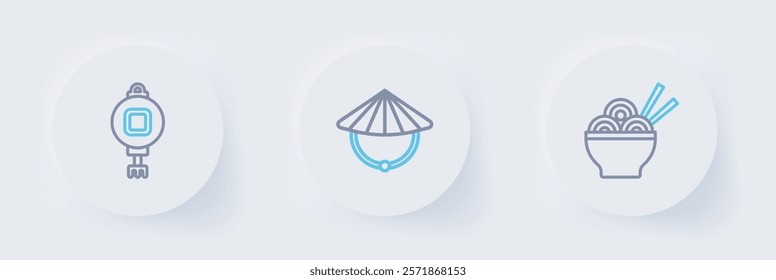 Set line Asian noodles in bowl, Chinese conical straw hat and paper lantern icon. Vector