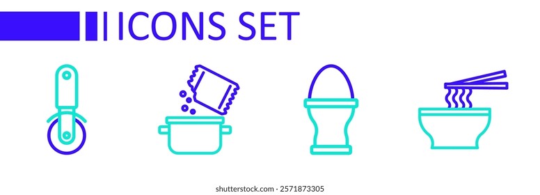 Set line Asian noodles in bowl, Chicken egg on stand, Cooking pot spice and Pizza knife icon. Vector